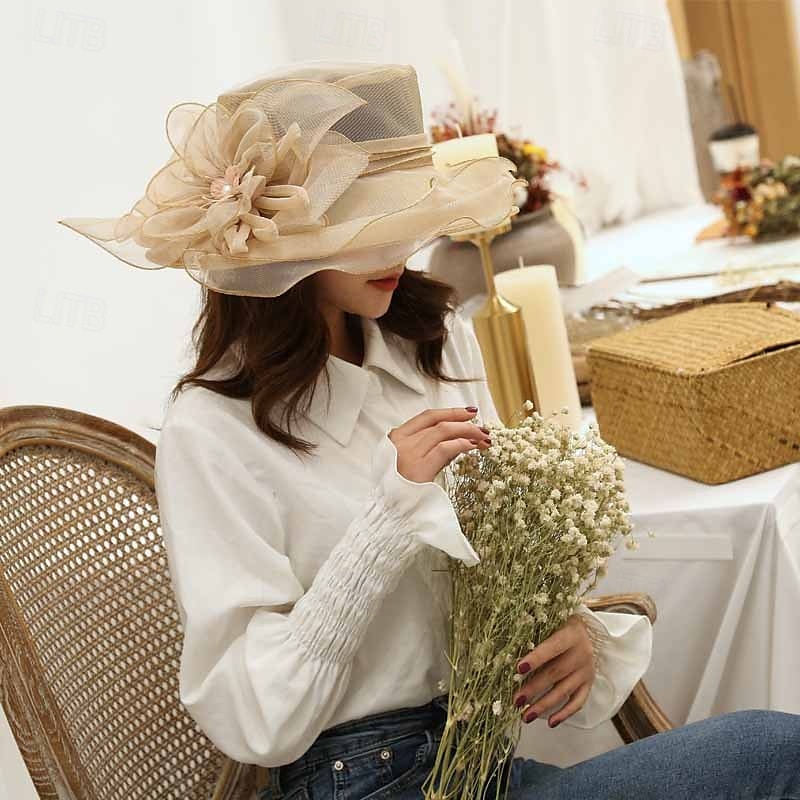cappello da donna in organza, berretto da chiesa, cappelli da cocktail, da tè, da sposa, con fiori, a tesa larga del 2025 a $16.99 –P13