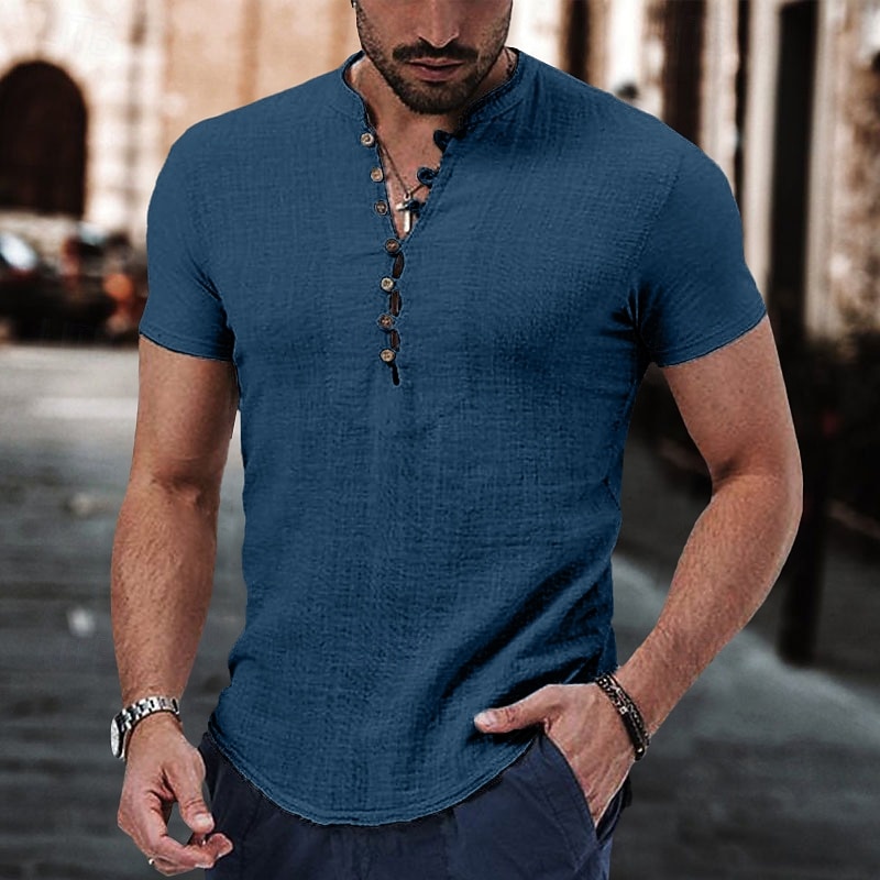Per uomo Camicia di lino Camicia con colletto alla coreana Camicia popover Camicia Estiva Abbigliamento da spiaggia Camicia casual Semplice Vacanza Casuale Nero Bianco Rosa Vino Manica Corta Scollo a del 2026 a $8.49 –P16