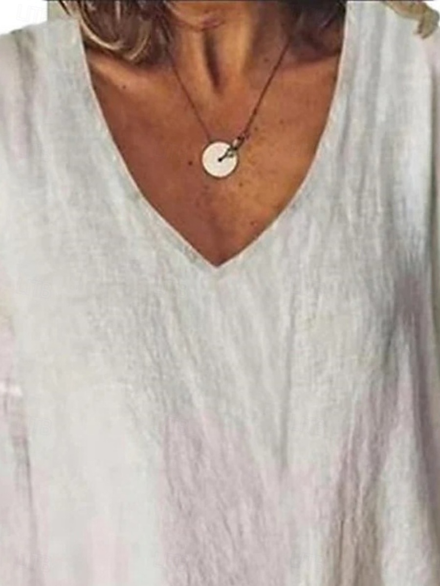 Women's Shirt Blouse Cotton Linen Shirts Solid Color Basic Casual Long Sleeve V Neck Regular Tops Daily White Yellow Summer Spring 2025 - $21.99 –P2