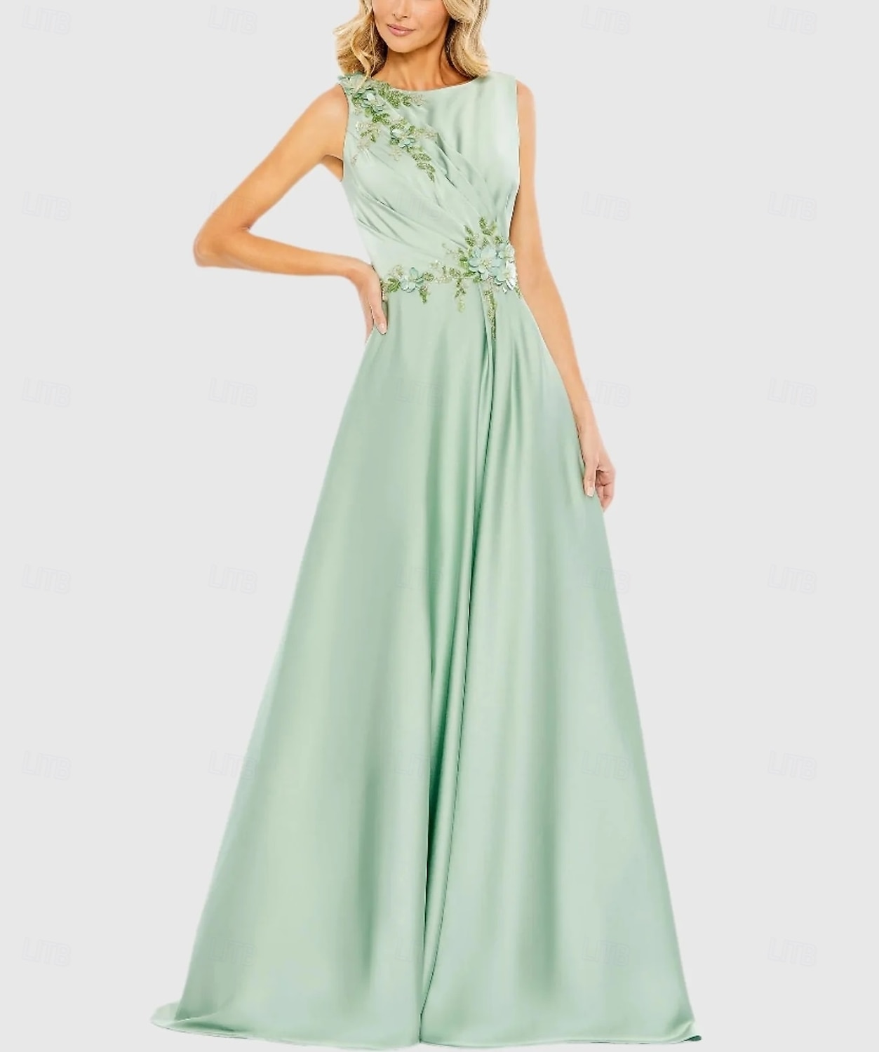 Robe de soirée A-Line verte robe élégante mariage formel longueur au sol sans manches col bijou satin avec broderie pailletée de 2025 ? $202.99 –P1