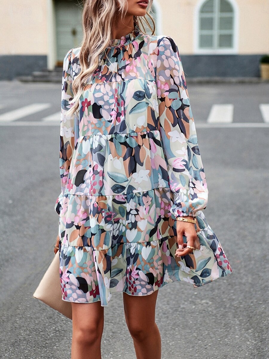 Women's Mini Dress Casual Dress A Line Dress Stylish Casual Vacation Daily Regular Fit Floral Long Sleeve Stand Collar Green Apricot Summer 2025 - $42.99 –P5