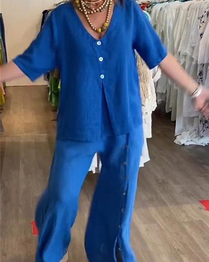 Damen Mode Streetwear Hemd Baumwoll-Leinen-Sets Zweiteilige Sets Leinenhosen Hosen Hose Kurzarm V Ausschnitt Einfarbig Kordelzug Alltagskleidung Date Schwarz Weiß Blau Sommer Normale Passform 2025 - $29.99 –P1