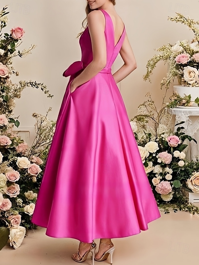A-Linie Brautjungfernkleid V-Ausschnitt Ärmellos Elegant Knöchellänge Satin mit Schleife(n)  Falten 2025 - $162.99 –P2
