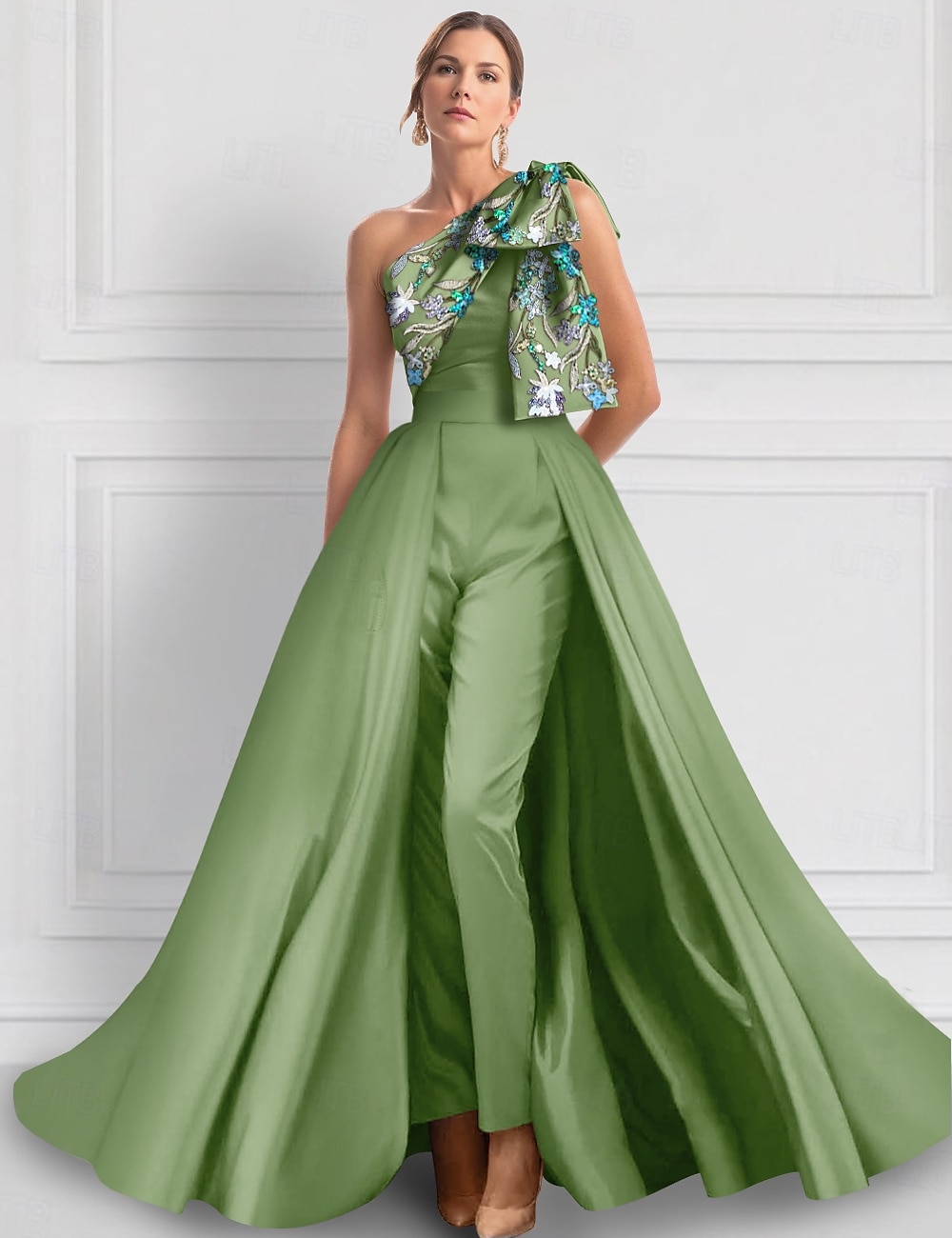 Gröna byxdresser aftonklänning Elegant klänning Formell bröllop längd ärmlös En axel satin med rosett/rosetter slits broderi 2025 - $174.99 –P1