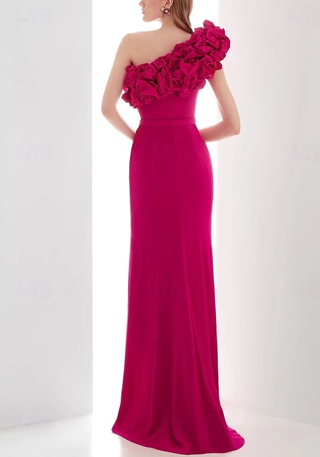 Robe de Soirée A-Line Rose Rouge Élégante Robe Formelle Mariage Longue au Sol Sans Manches Une Épaule Capes Crêpe Élastique avec Fleur sur l'Épaule de 2025 ? $166.99 –P2