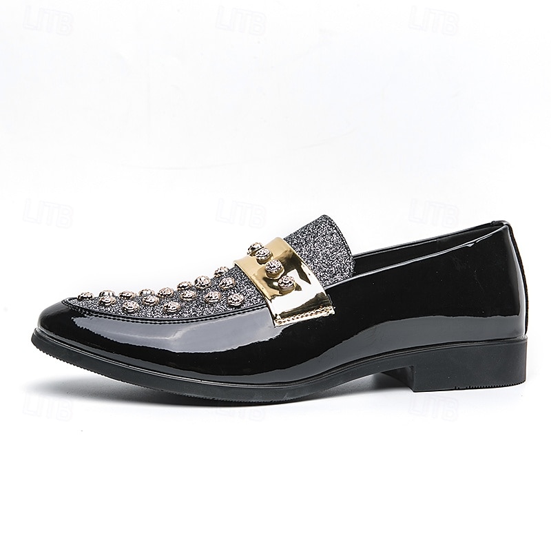 mocassini da uomo in vernice nera con dettagli borchiati e cinturino dorato, scarpe casual alla moda per feste ed eventi speciali del 2025 a $42.99 –P3