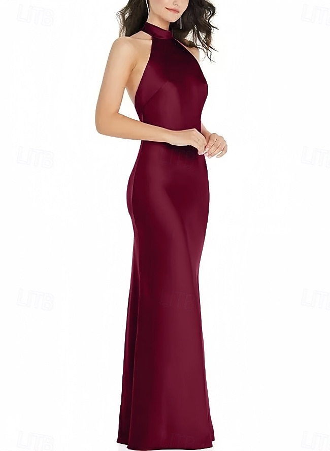 Sirène / Trompette Robe de Demoiselle d'Honneur  Col Halter Manche Courte Élégant Longueur au sol Satin avec Noeud(s) 2022 de 2025 ? $155.99 –P3