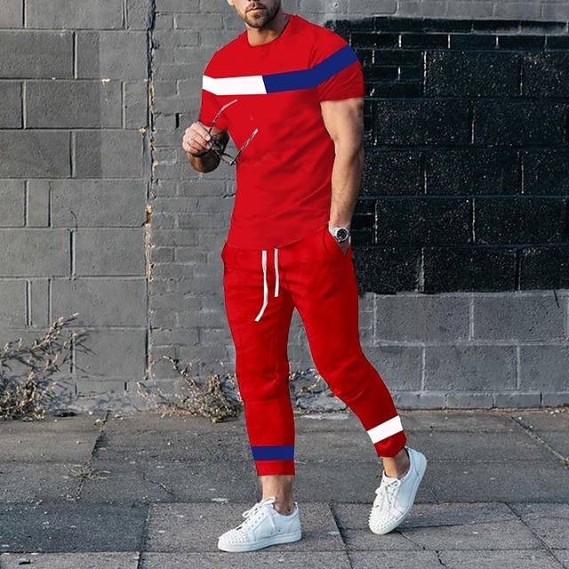 Voor heren T-shirt past Shirt- en broeksets 2 stuks outfits Korte mouw Ronde hals Zomer Kleurenblok Modieus Casual 2-stuks Vakantie Alledaagse kleding Uitgaan Zwart Wit Geel Top T-shirt voor mannen 2025 - $40.99 –P2