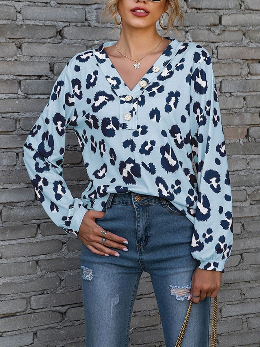 Dame T skjorte Leopard Mote Moderne Fritid Langermet V-hals Vanlige topper Daglig Helg Hvit Rosa Blå Brun Vår Høst 2025 - $21.99 –P7