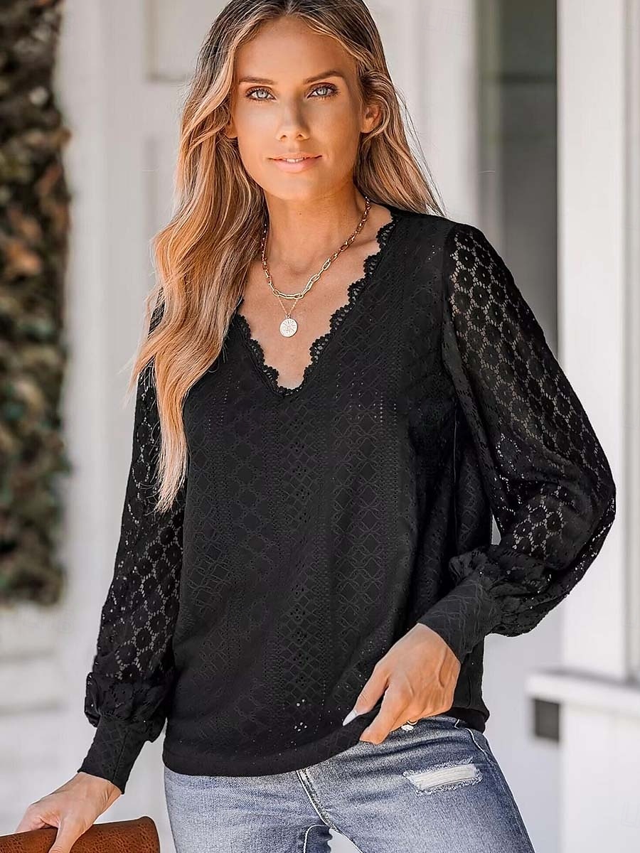 Damen Elegante Oberteile Elegant Langarm V Ausschnitt Normale Oberteile Schwarz Weiß Sommer Frühling 2025 - $21.99 –P6
