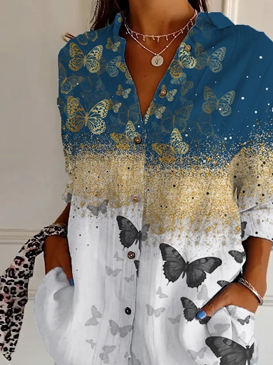 Women's Shirt Ombre Graphic Butterfly Daily Stylish Retro Vintage 3/4 Length Sleeve Shirt Collar Regular Tops Daily Holiday Going out Buttons Blue Summer Spring 2025 - $32.99 –P2