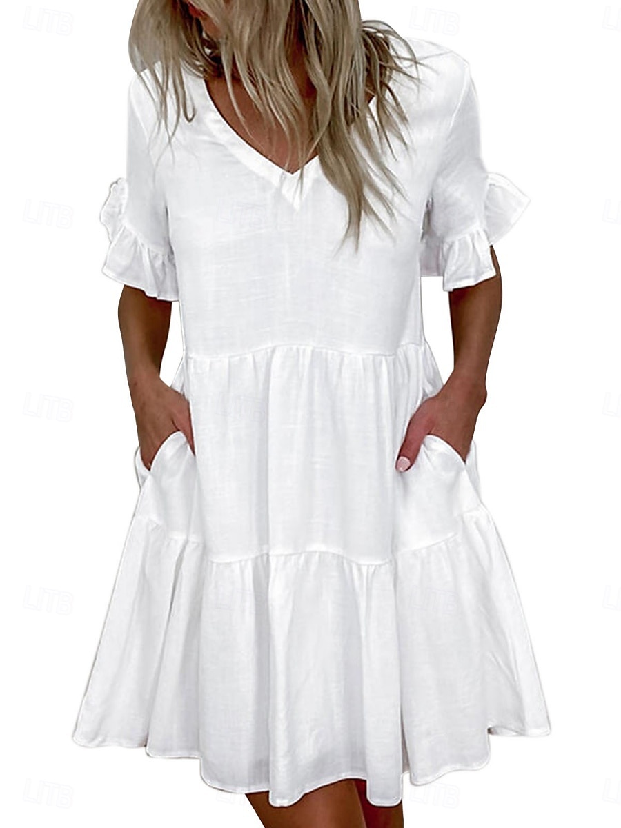 Damen Minikleid Weißes Kleid Casual kleid Rüschenkleid Kleid mit Puffärmeln Basic Brautkleider schlicht Urlaub Täglich Regular Fit Glatt Ärmellos V Ausschnitt Weiß Gelb Blau Sommer 2025 - $21.99 –P1