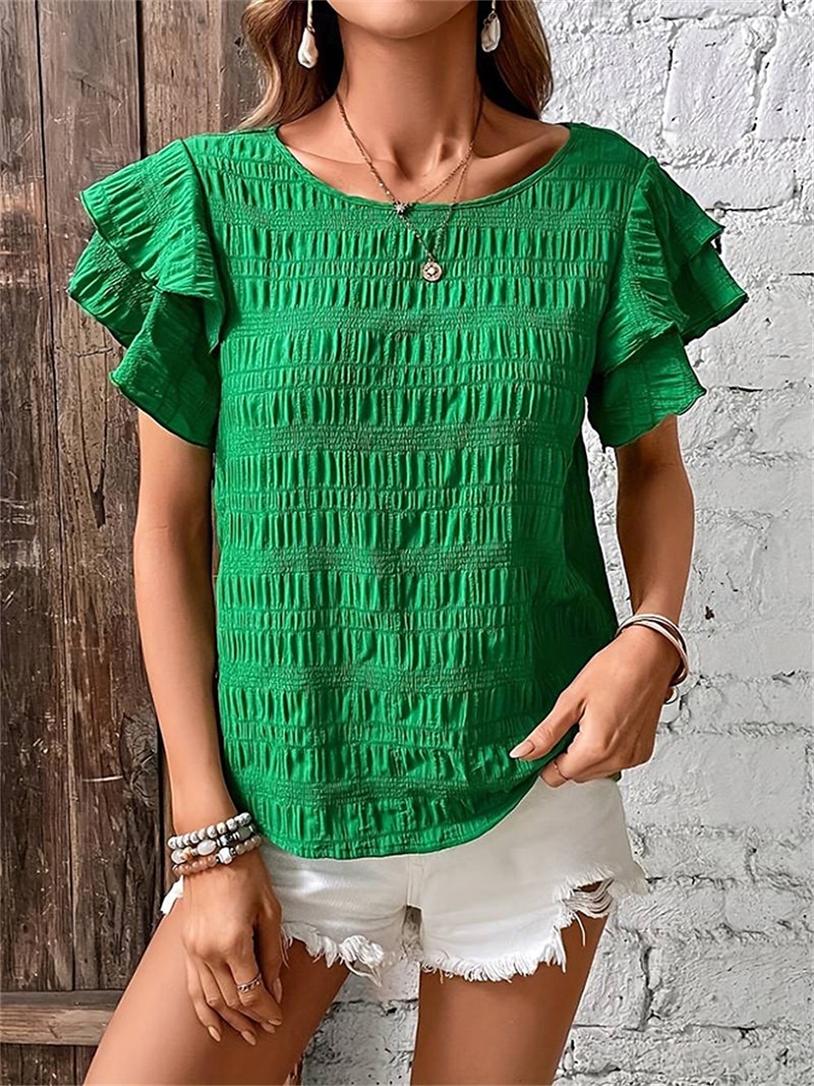 Women's Blouse Solid Color Elegant Daily Stylish Short Sleeve Crew Neck Regular Tops Daily Holiday Going out Ruffle Patchwork Sage Green Red Navy Blue Purple Green Summer Spring 2025 - $22.99 –P23