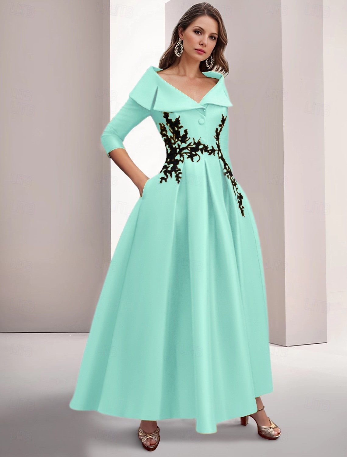 Green Black A-Line Evening Gown Elegant Embroidered Vintage Dress Formal Floor Length 3/4 Length Sleeve Shirt Collar Satin with Appliques 2025 - $189.99 –P5