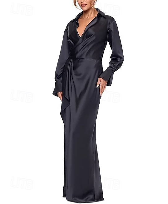 Robe fourreau  colonne robe de mère de la mariée formelle élégante simple col chemise longueur de sol satin d'Italie manches longues avec volants couleur unie de 2025 ? $177.99 –P4