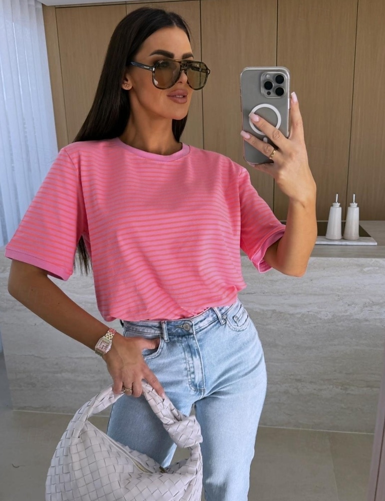 Bluse Dame Hvit Rosa Rød Stribe Printer Daglig Elegant Rund Normal S 2025 - $15.99 –P3