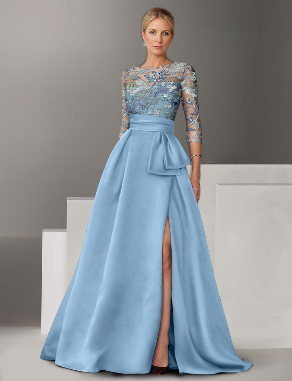 Ligne A Robe de Soirée Élégant Robe Formel Mariage Longueur au sol Demi Manches Col de chemise Satin avec Noeud(s) Fente Broderie 2025 de 2025 ? $154.99 –P3