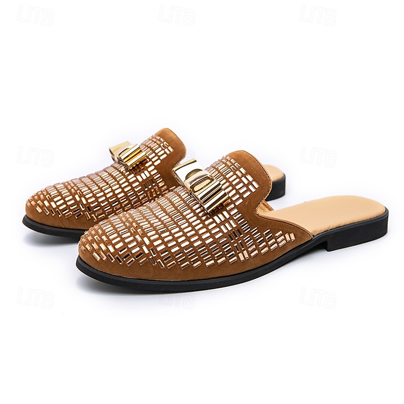 Herren-Slipper aus braunem Wildleder mit metallisch-goldenen Nieten und Schleifenakzent – stilvolle Freizeit-Loafer für den Alltag und besondere Anlässe 2026 - $46.99 –P7
