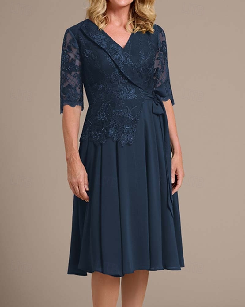 A-linie šaty matka nevěsty blazer šaty elegantní vintage jednoduchý V výstřih čajová délka chiffon poloviční rukáv sako šaty s krajkovou aplikací 2025 - $167.99 –P8