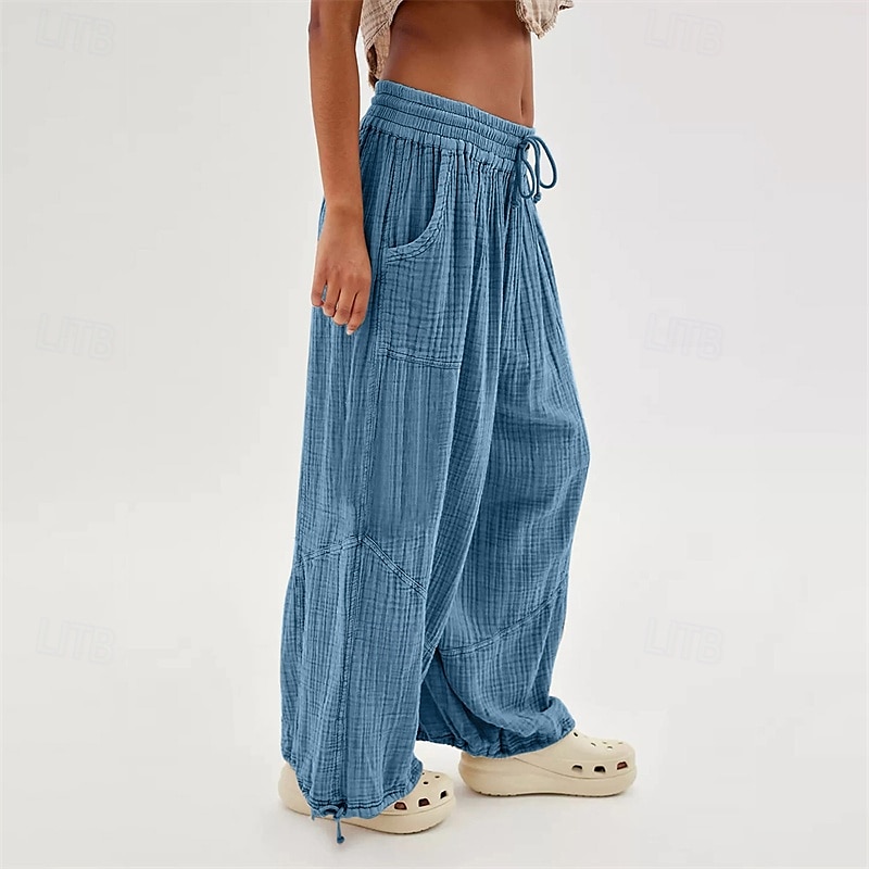 pantaloni din bumbac și pânză pentru femei, îmbrăcăminte stradală la modă, confort, lungime, talie înaltă, șnur simplu, talie elastică, șnur confortabil în aer liber, ținută confortabilă de zi cu zi 2025 - $18.99 –P10