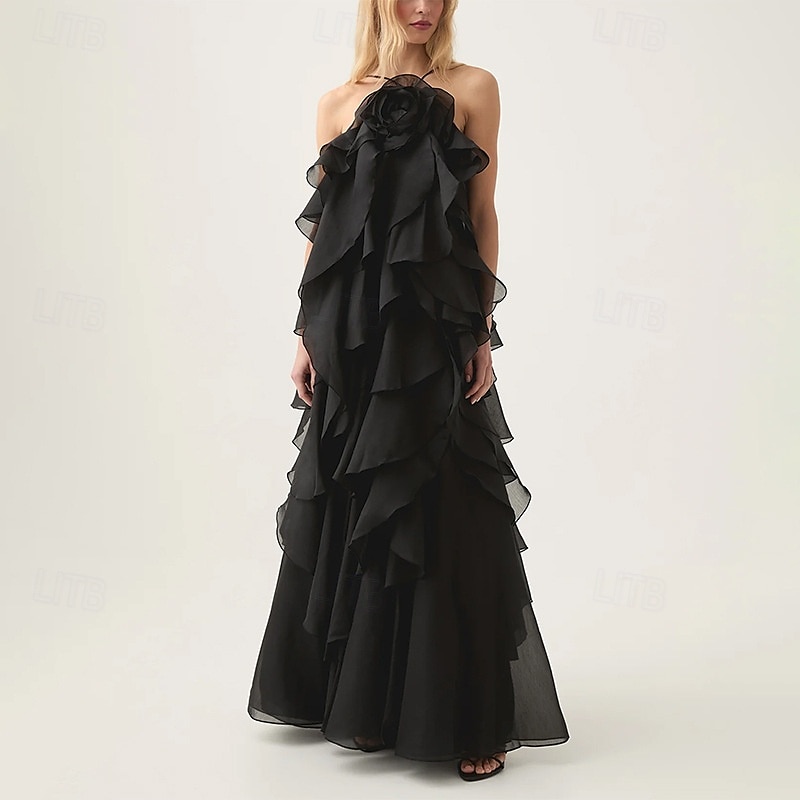 Robe de Soirée A-Line Élégante Robe de Soirée Formelle Longueur de Sol Sans Manches Col Halter Organza avec Fleurs et Volants de 2025 ? $128.99 –P4