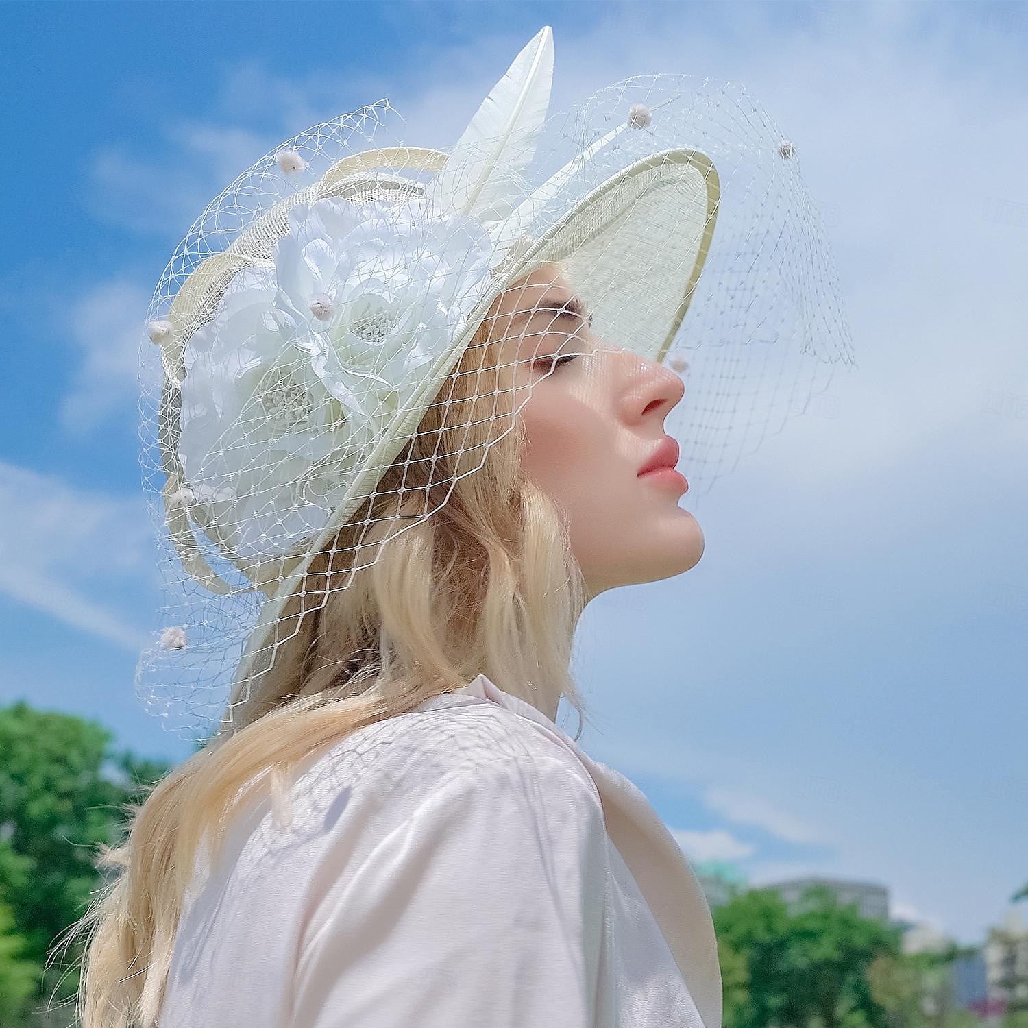 kapelusze lniany melonik / kapelusz typu cloche kapelusz wiaderkowy kapelusz przeciwsłoneczny wesele przyjęcie herbaciane eleganckie wesele z piórkowym łączeniem nakrycie głowy nakrycie głowy 2025 - $55.99 –P17