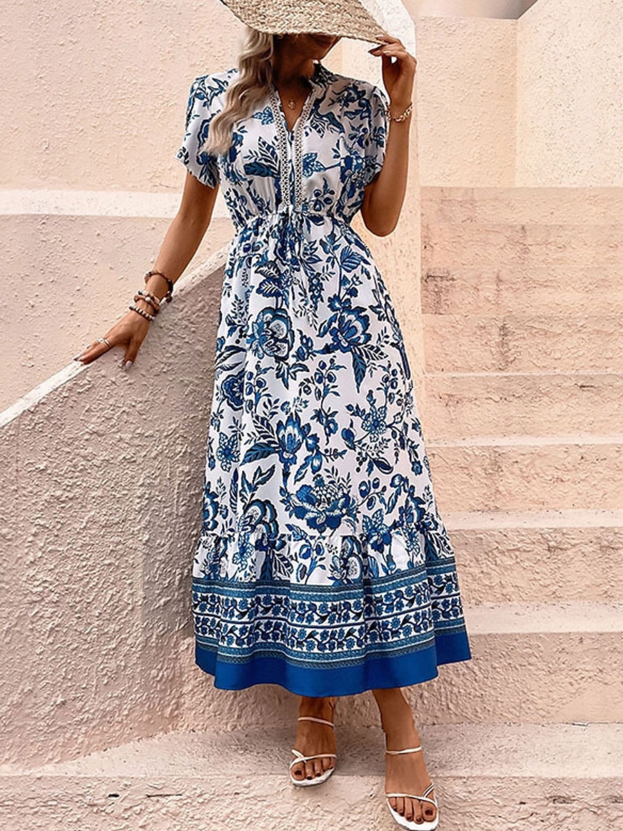Damskie Sukienka maxi Sukienka A line Sukienka w kwiatki Sukienka Boho Elegancki Codzienny Urlop Codzienny Regularny Kwiaty Krótki rękaw W serek Niebieski Lato Wiosna 2025 - $39.99 –P1