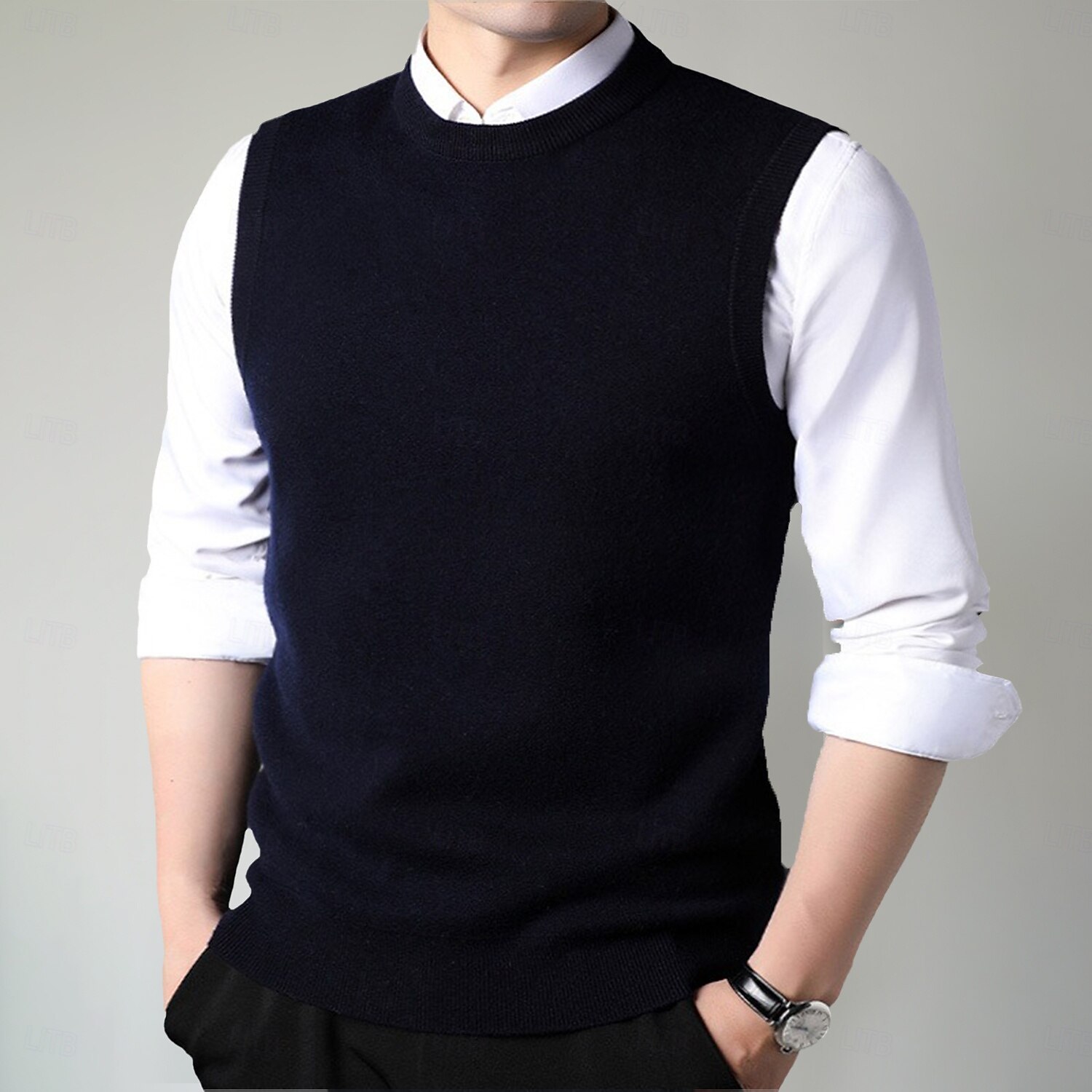 Herren Pullunder Stricken Rundhalsausschnitt Einfarbig Rundhalsausschnitt Strickware Elegant Schule Formell Bekleidung Frühling Herbst Schwarz Marineblau S M L 2025 - $57.99 –P5