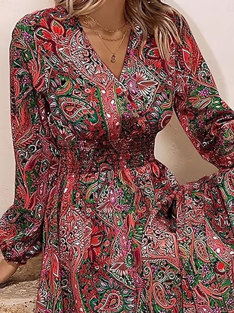 Dam Midiklänning Solklänning A linjeklänning Fit And Flare Klänning Puffärmsklänning Semester Semester Ledigt Dagligen Normal Grafisk Långärmad V-hals Gul Rubinrött Grön Sommar 2025 - $27.99 –P3