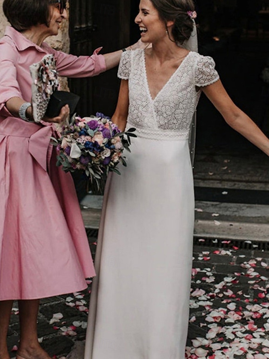 Robe de Mariée Ball Gown Col en V Bretelles Classiques Traîne de Chapelle Robes de Mariée en Chiffon avec Plis Ruchés de 2025 ? $142.99 –P5