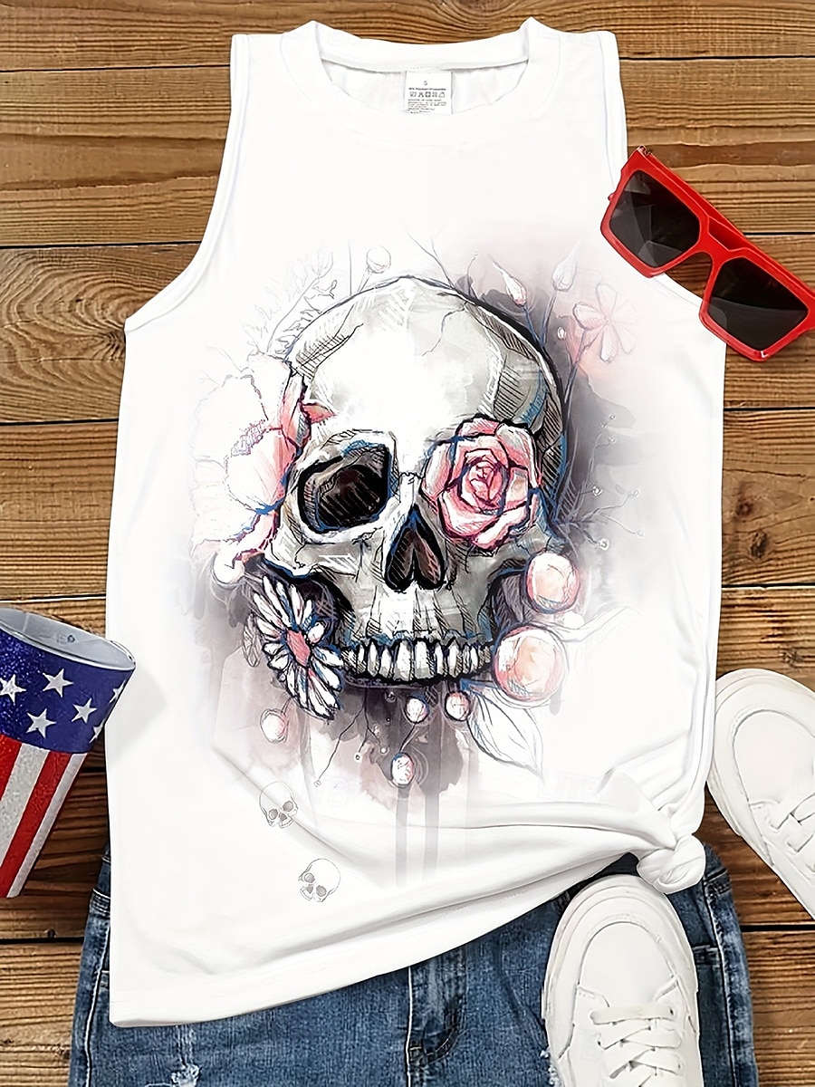 Női T-Shirt Virágos Koponya Stílusos Hétköznapi Ujjatlan Kerek Nyak Normál Felsők Napi Nyomtatás Fehér Rózsaszín Nyár 2025 - $17.99 –P5