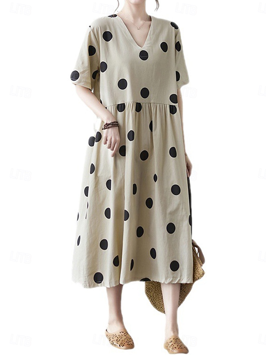 Women's Maxi Dress Cotton Linen Dresses Casual Dress Basic Casual Vacation Daily Regular Fit Polka Dot Long Sleeve V Neck Apricot Summer 2025 - $26.99 –P5