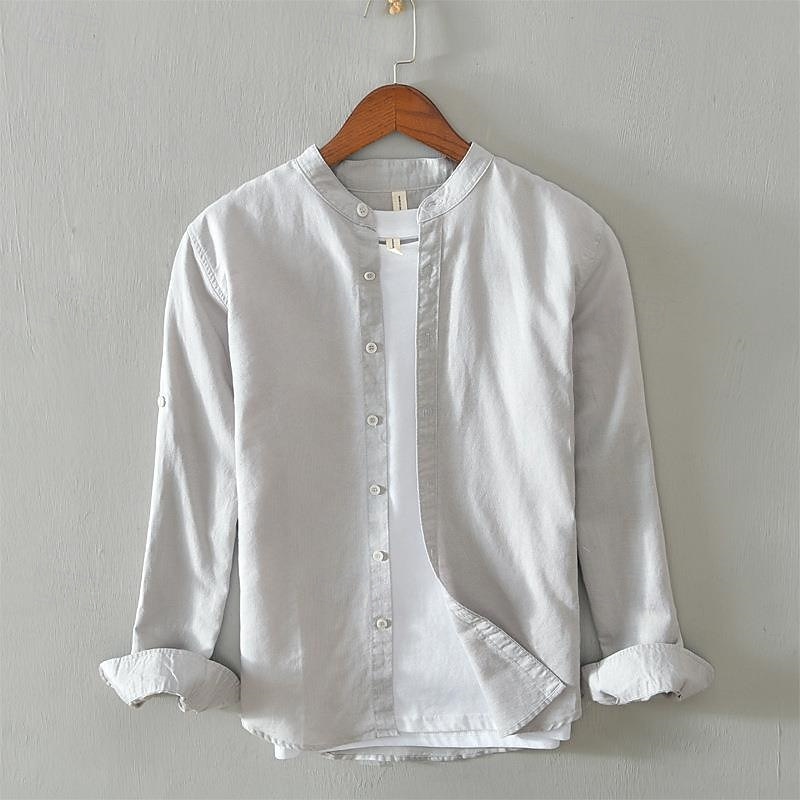 Per uomo Camicia Camicia di lino Camicia casual Camicia con Bottoni Camicia di cotone Semplice Vacanza Camicia hawaiana Bianco Blu marino Cachi Grigio Manica Lunga Colletto alla coreana Primavera del 2025 a $37.99 –P10