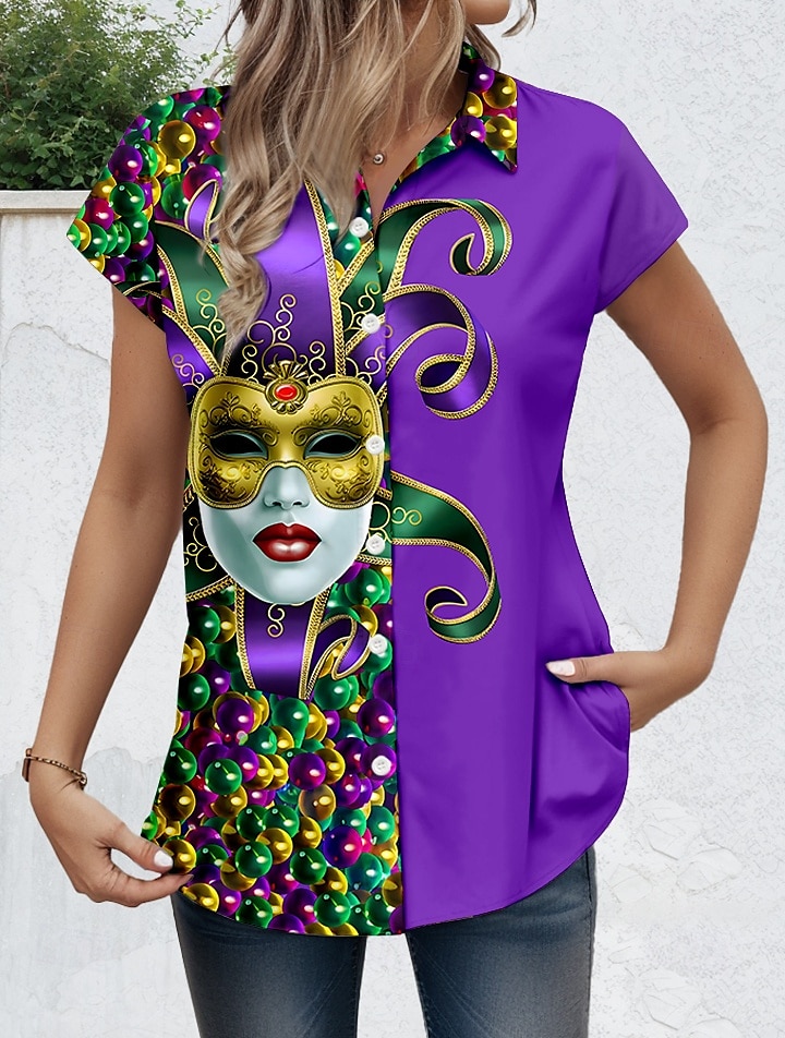 Carnaval Dames Overhemd Grafisch Dagelijks Korte mouw Kap Overhemdkraag Lange tops Dagelijks Paars Zomer Lente 2025 - $25.99 –P1