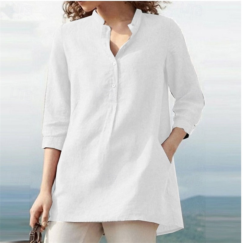 Per donna Camicia Camicia di lino Camicie di cotone e lino Semplice Quotidiano Elegante Essenziale Manica 3/4 Colletto a Camicia Top Regolari Lavoro Quotidiano Ferie Bottoni Nero Bianco Blu Primavera del 2025 a $24.99 –P4