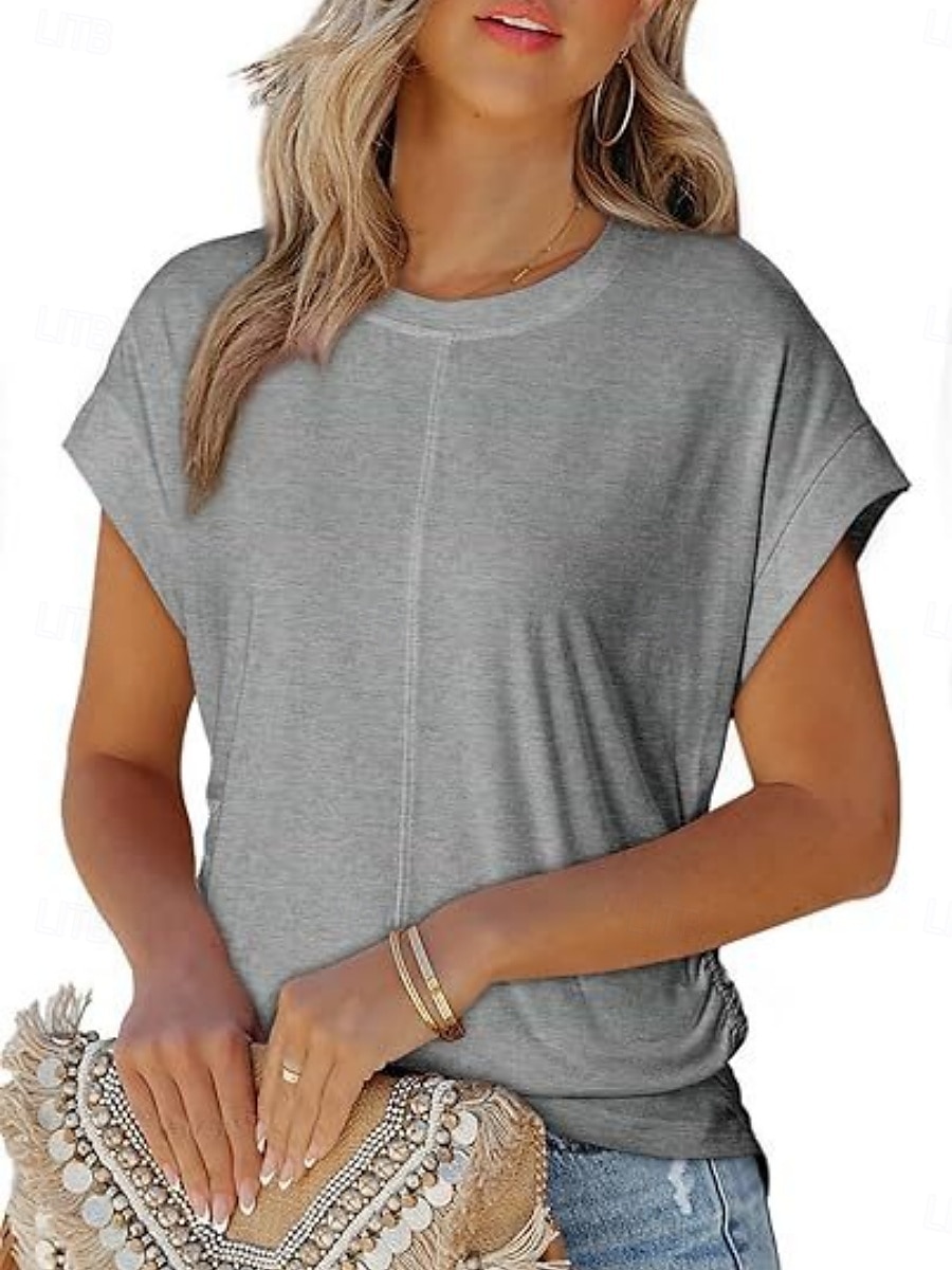 T Shirt Femme Uni Élégant Décontracté Manches Courtes Col Ronde Tops Réguliers Quotidien Noir Blanc Vert Armée Vert Gris Été de 2025 ? $19.99 –P20