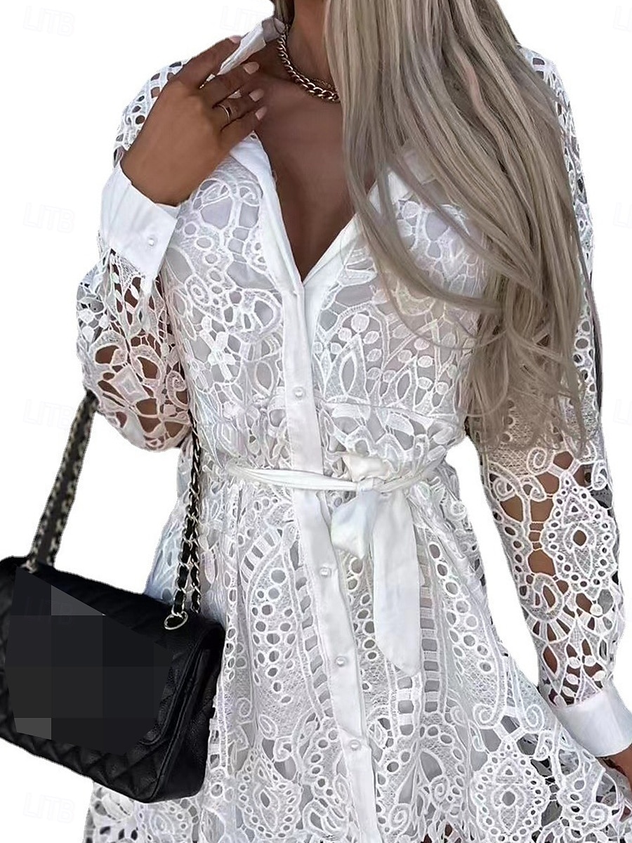 Women's Mini Dress Lace Dress A Line Dress Boho Dress Basic Casual Vacation Daily Regular Fit Plain Long Sleeve Square Neck Black White Khaki Summer 2025 - $47.99 –P4