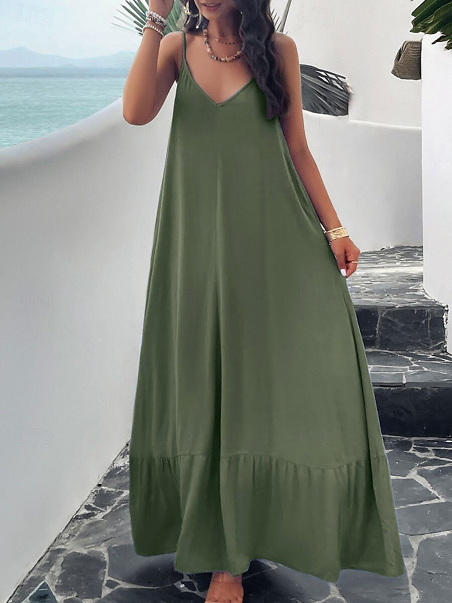 Damen Maxi Kleid Strandkleid Slip Kleid Urlaub Strandurlaub Unifarben Lässig Täglich Lockere Passform Grafik Ärmellos Träger Schwarz Rot Himmelblau Grün Sommer 2025 - $41.99 –P17