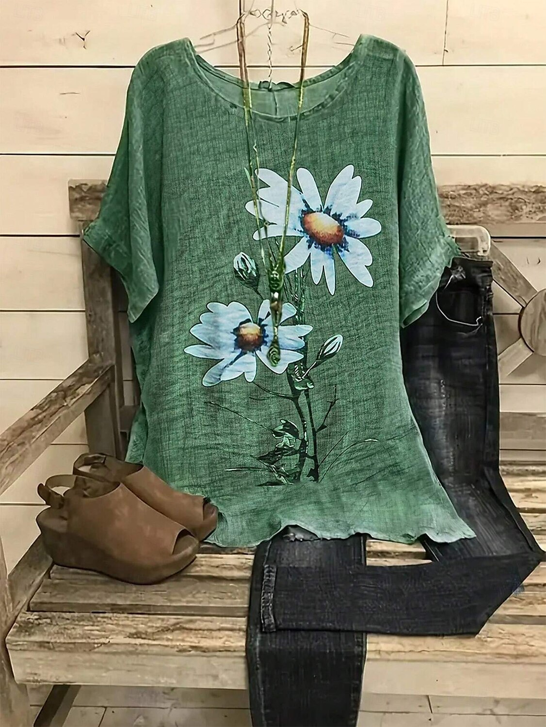 Women's Shirt Floral Casual Half Sleeve Crew Neck Regular Tops Work Daily Linen Like Buttons Print Green Spring Fall Winter 2025 - $28.99 –P1