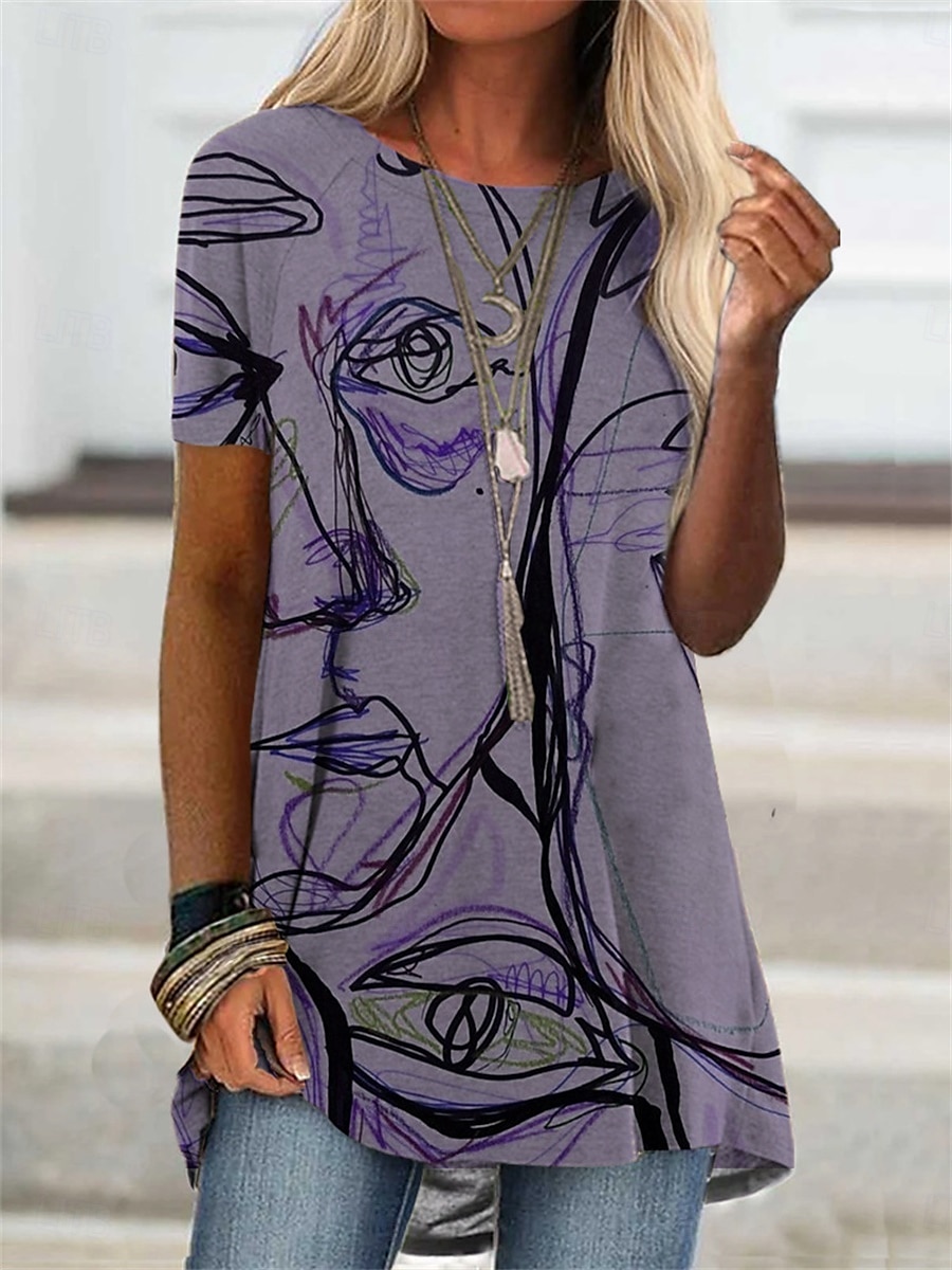 Femme T shirt Graphic Mode Moderne Décontractées Manche Courte Col Ras du Cou Hauts réguliers du quotidien Fin de semaine Imprimer Bleu Violet Vert Kaki Eté Printemps de 2025 ? $21.99 –P5