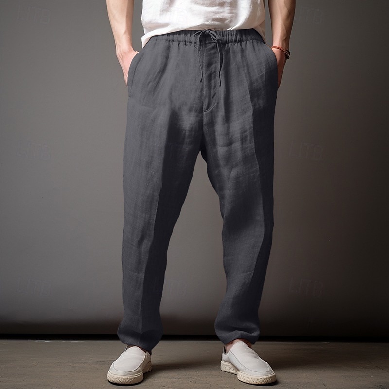 Herr Linne Byxor Långbyxor Sommarbyxor Strandbyxor Ficka Elastisk midja Snörning Slät Komfort Andningsfunktion Fullängd Utomhus Dagligen Helgdag Semester Klassisk Stil Ljus kaki Vit Microelastisk 2025 - $20.99 –P7