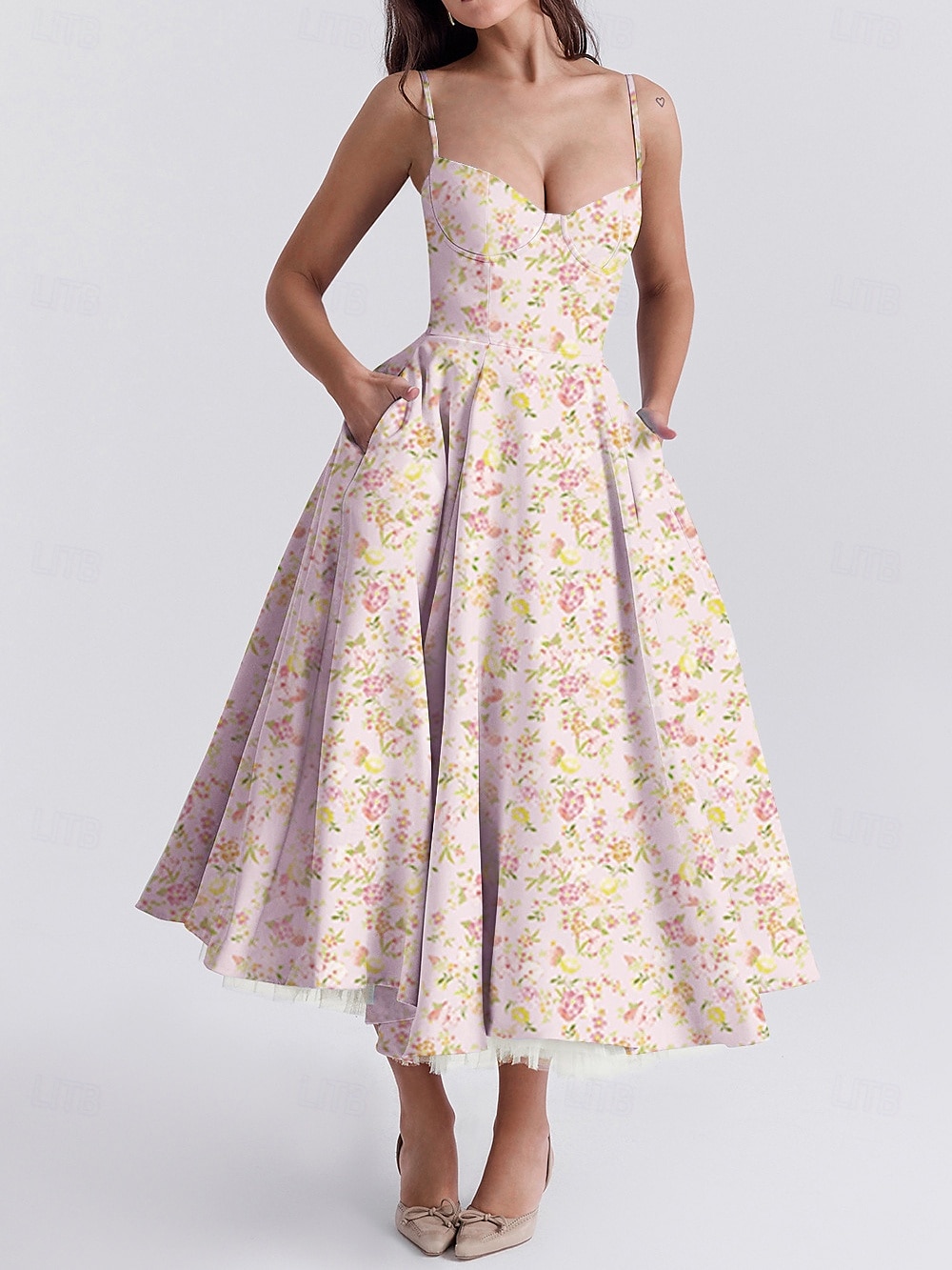 Retro Vintage 1950s Midi Dress Flare Dress Spaghetti Strap Corset Floral A-Line Women's Masquerade Wedding Vacation Tea Party Adults' Dress 2025 - GBP £21 –P19