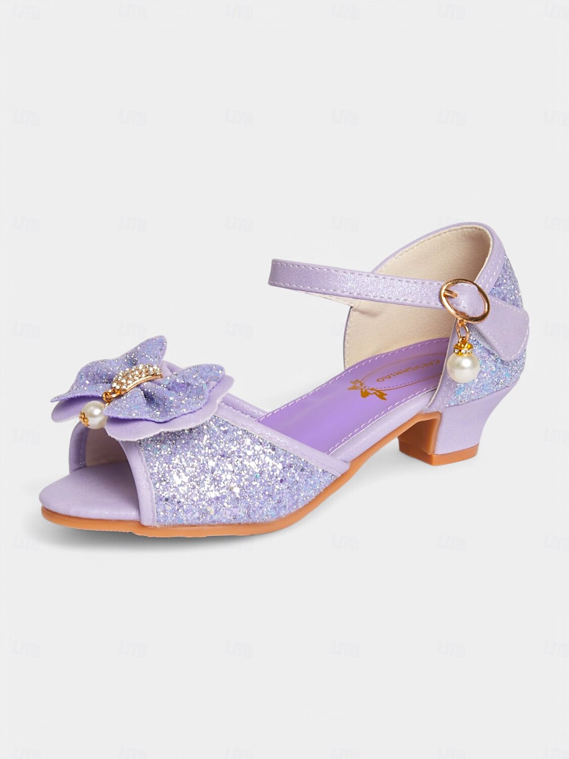 sandali da bambina con fiocco glitterato viola e accenti di perle, cinturino regolabile, perfetti per matrimoni, compleanni e occasioni speciali del 2025 a $32.99 –P1