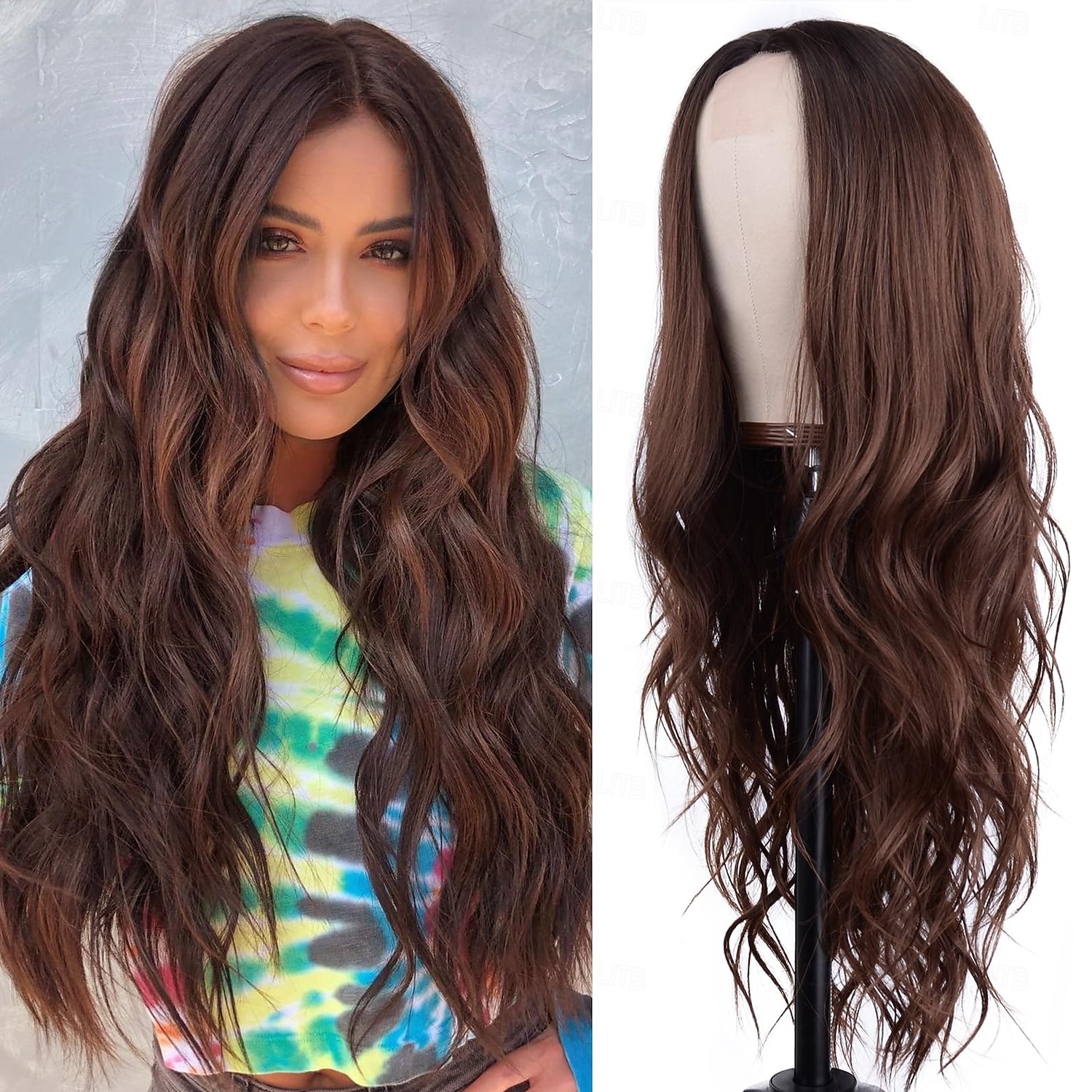 perruque longue ondulée pour femme, perruque longue bouclée avec raie au milieu, cheveux synthétiques résistants à la chaleur, aspect naturel, perruque en fibre pour une utilisation quotidienne en de 2025 ? $28.99 –P1