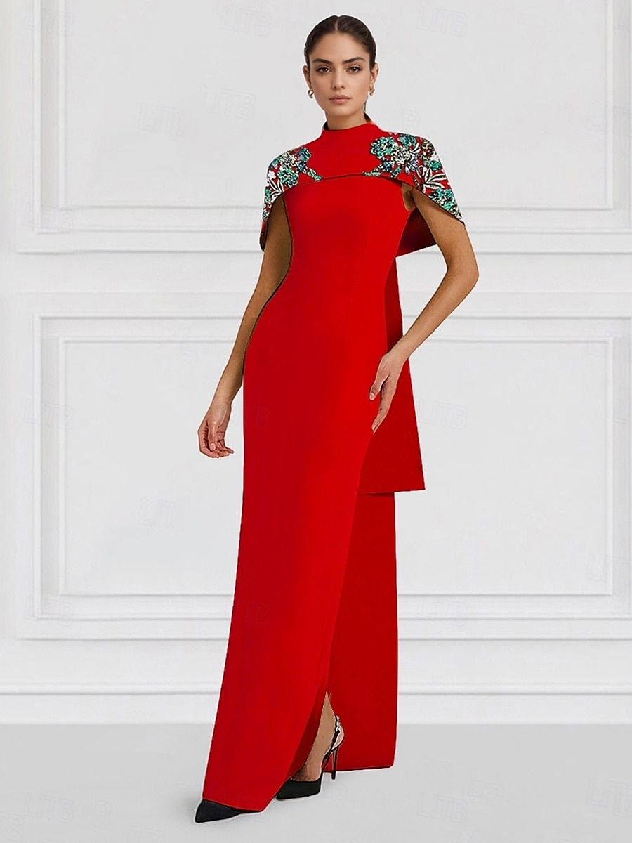 Robe de soirée colonne brodée verte rouge jaune robe élégante formelle invité de mariage longueur sol sans manches col rond capes crêpe extensible avec paillettes 2025 de 2025 ? $177.99 –P5