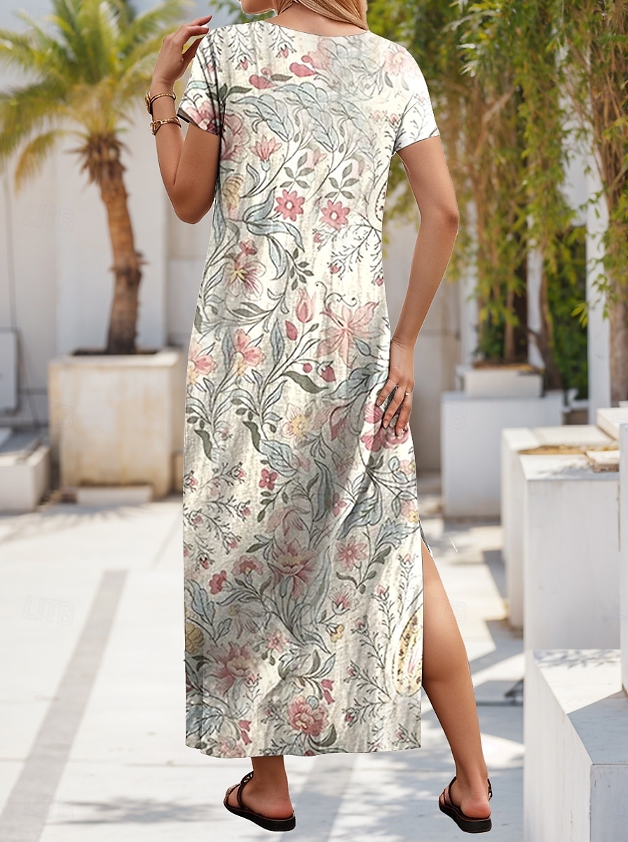 Femmes Robe maxi Robe Décontractée Robe trapèze Élégant Occasionnel Vacances Quotidien Coupe régulière Fleuri Manche Courte Col en V Blanche Printemps Automne de 2025 ? $28.99 –P2