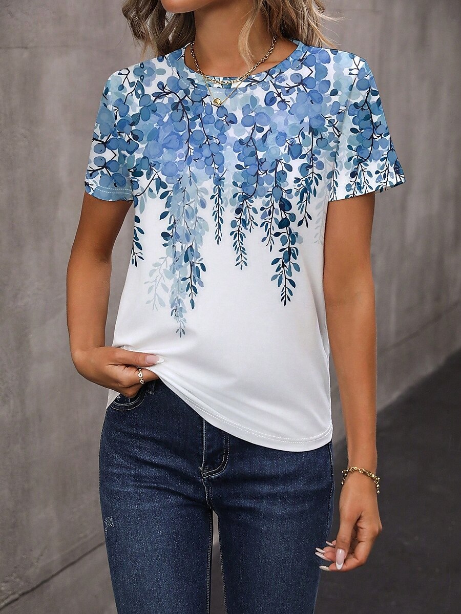 Pentru femei Tricou Floral Casual Manșon scurt Rotund Topuri obișnuite Zilnic Imprimeu Albastru piscină Vară 2025 - $19.99 –P2