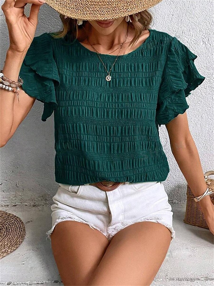 Women's Blouse Solid Color Elegant Daily Stylish Short Sleeve Crew Neck Regular Tops Daily Holiday Going out Ruffle Patchwork Sage Green Red Navy Blue Purple Green Summer Spring 2025 - $22.99 –P17