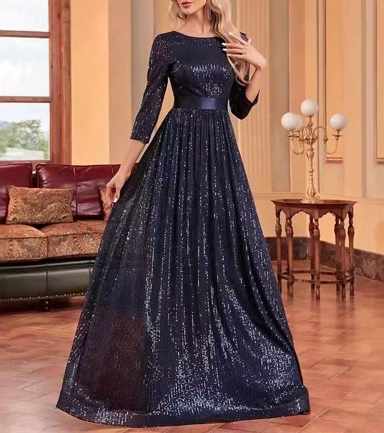 A-linje Bryllupsgjest Kjoler Festkjole Prom Black Tie Gala Gulvlengde 3/4 Lengde Erme Crew Utringning Belte  Bånd Spandex med Glitrende Frynser Paillett 2025 - zł768.99 –P4
