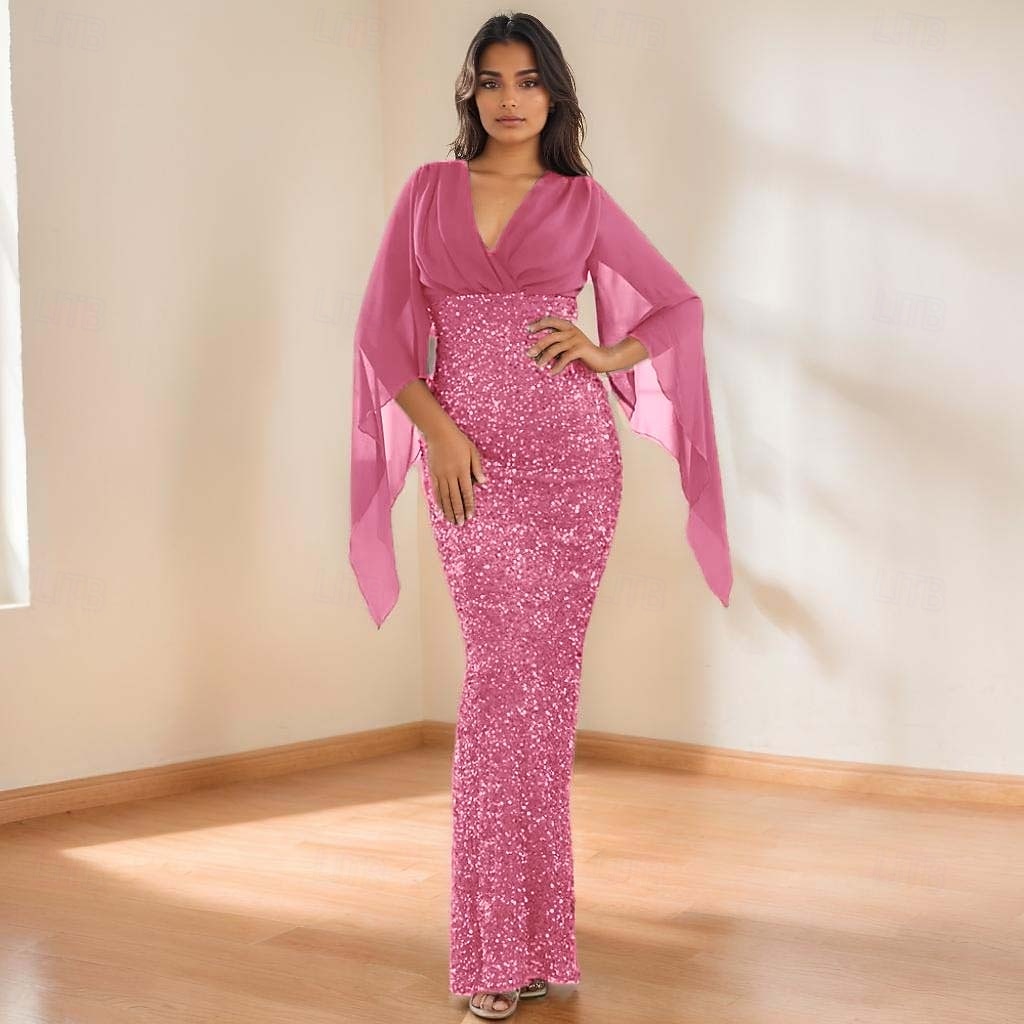 Meerjungfrau  Trompeten Abendkleid Elegantes Kleid Formelles Hochzeitsbodenlänges 3/4-Länge Ärmel V-Ausschnitt Chiffon mit Pailletten 2025 - $148.99 –P8
